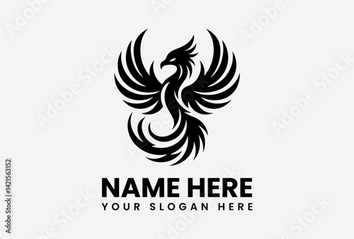 Sleek black phoenix silhouette with geometric wing details, modern and minimalist emblem for luxury brands