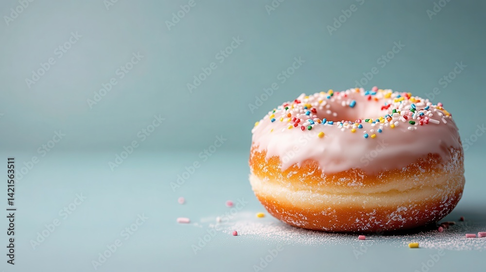 A charming pink-glazed donut covered in colorful sprinkles, set against a minimalist backdrop, symbolizing a playful and joyful dessert choice for any occasion. A charming pink-glazed donut covered in colorful sprinkles, set against a minimalist backdrop, symbolizing a playful and joyful dessert choice for any occasion.