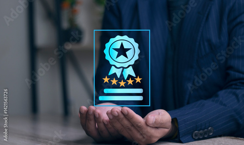 Quality Assurance Certificates Compliance Control Audits Certifications Best Quality with Five Gold Stars for Product Assurance and Service Concept ISO Satisfaction Happiness