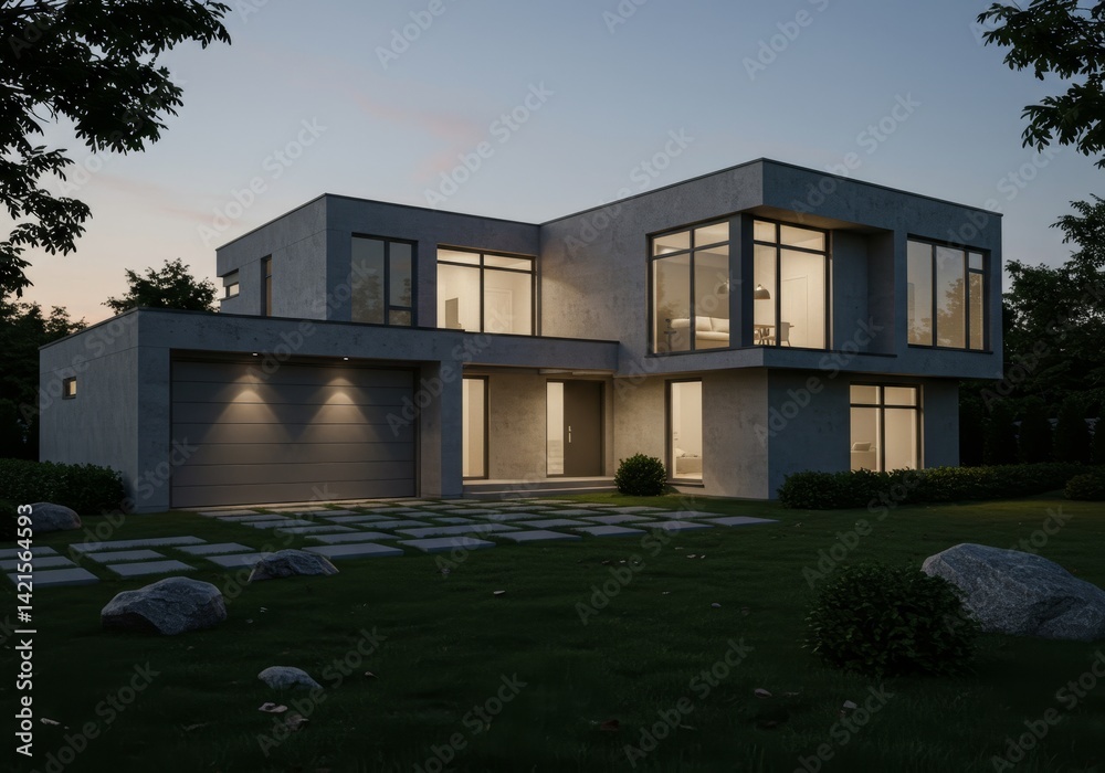 Fototapeta premium Contemporary Residence at Dusk: Architectural Elegance and Tranquil Ambiance