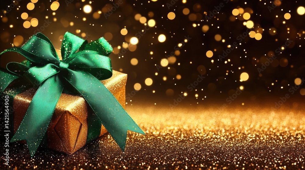 Gold gift box with emerald ribbon on glitter