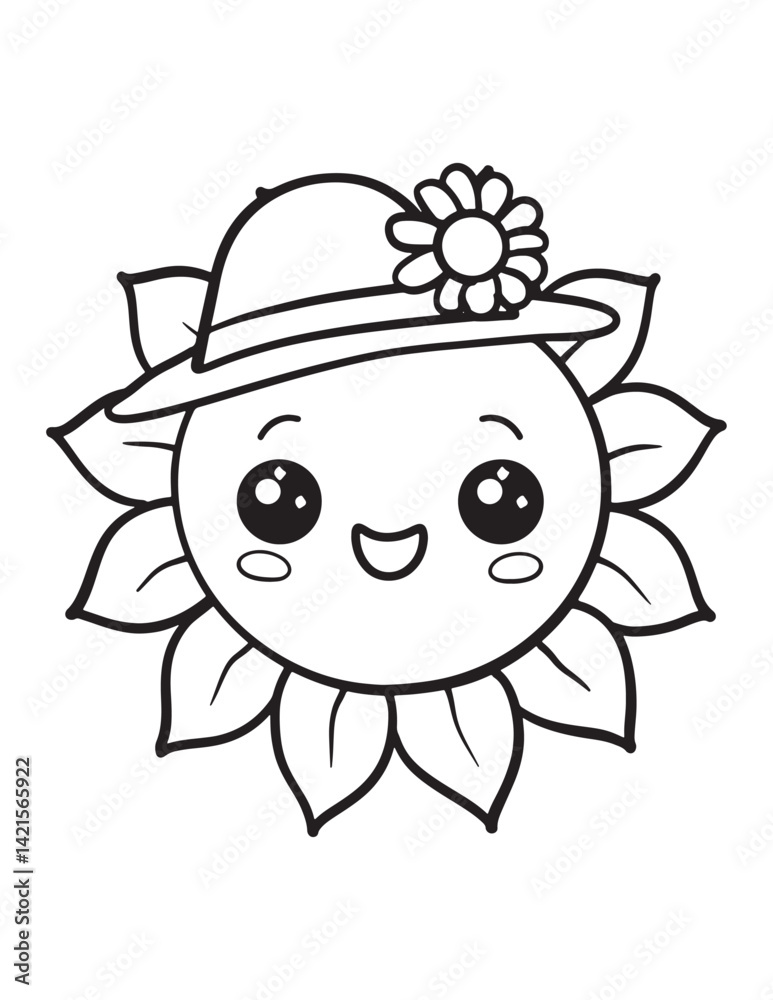 Fototapeta premium Cute Kawaii Sunflower – Cheerful Cartoon Flower Coloring Page