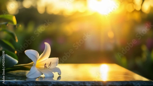 A stunning white lily rests on a gravestone surface, illuminated by golden sunlight during the evening. The garden setting creates a peaceful atmosphere filled with natural beauty