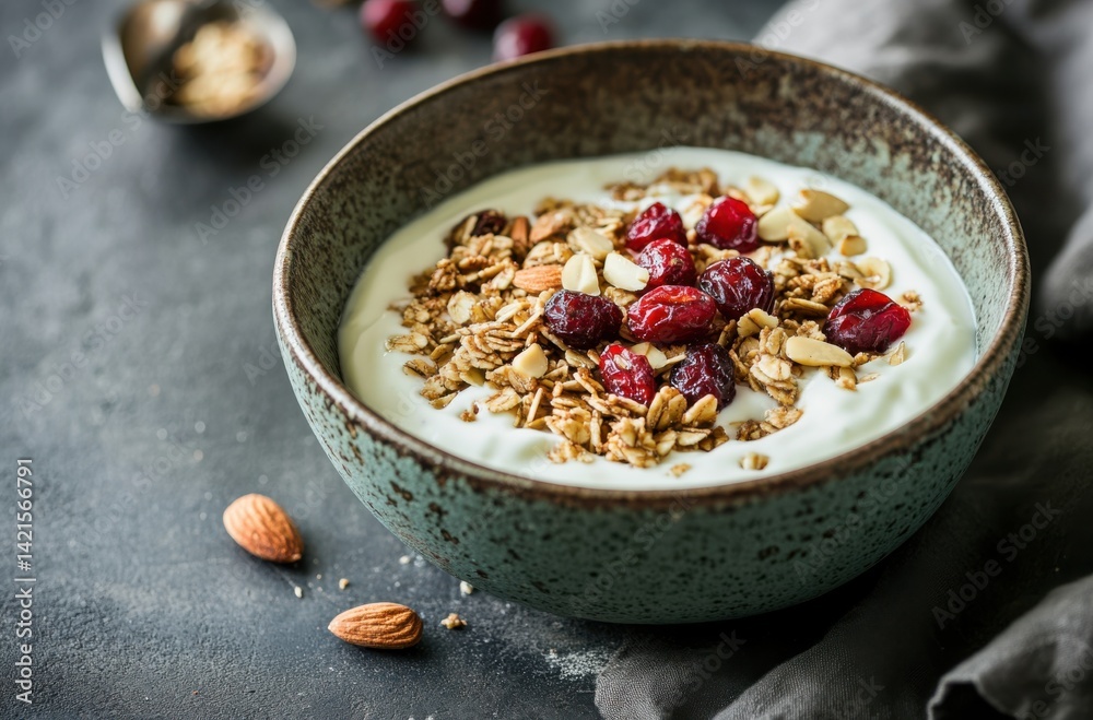 A beautifully plated rustic breakfast bowl with yogurt, A beautifully plated rustic breakfast bowl with yogurt,