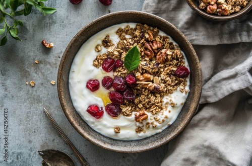 A beautifully plated rustic breakfast bowl with yogurt,