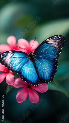 a close up of a butterfly Vibrant blue butterfly on pink flower. photo