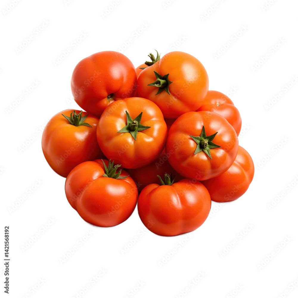 A vibrant pile of fresh, ripe tomatoes with green stems, perfect for cooking or snacking. A vibrant pile of fresh, ripe tomatoes with green stems, perfect for cooking or snacking.
