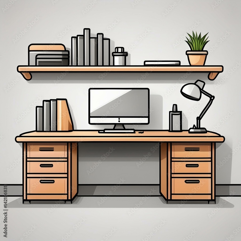 Stylish workspace with desk, computer, books, and lamp. Stylish workspace with desk, computer, books, and lamp.