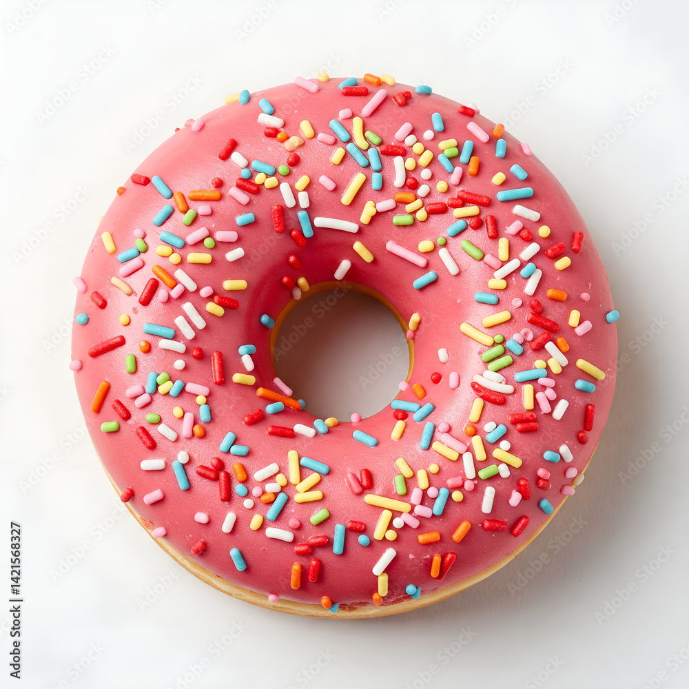 Top view of strawberry frosted donut with sprinkles isolated on white background Top view of strawberry frosted donut with sprinkles isolated on white background