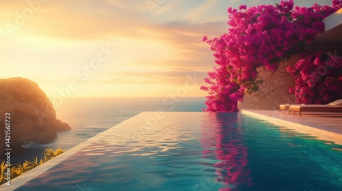 Stunning villa with infinity pool and vibrant flowers overlooking the ocean at sunset, perfect for relaxation and nature lovers.