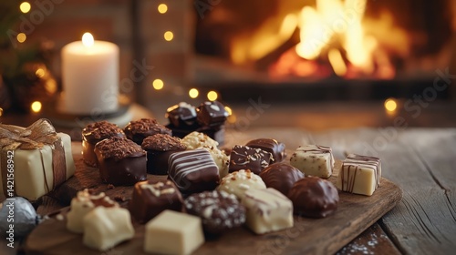 Delicious assorted chocolates and sweets by the warm fire, creating a cozy atmosphere for sweet moments.