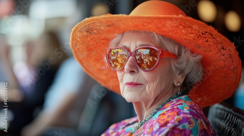 Elegant elderly woman in vibrant orange hat and sunglasses enjoys a sunny day, radiating confidence and style.