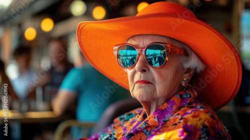 Stylish elderly woman wearing an orange hat and sunglasses, enjoying a sunny day at a cafe. Her colorful outfit is truly eye-catching.