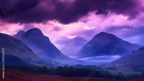 Dramatic Mountains Under Purple Skies at Dusk with Misty Valleys and Clouds