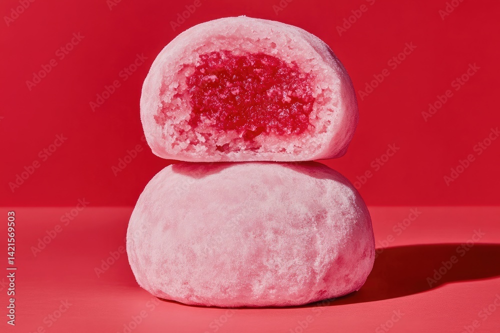 A stack of three pink zephyrs with one cut in half to reveal the soft A stack of three pink zephyrs with one cut in half to reveal the soft