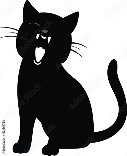 Black Silhouette Cat Yawning Vector