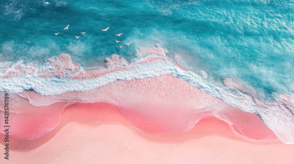 Fototapeta premium Pink beach with birds flying