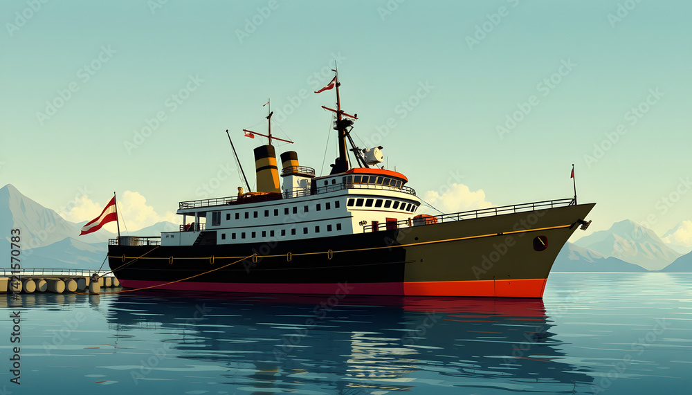 Fototapeta premium Ship moored at harbor near mountain, one line art. White tone
