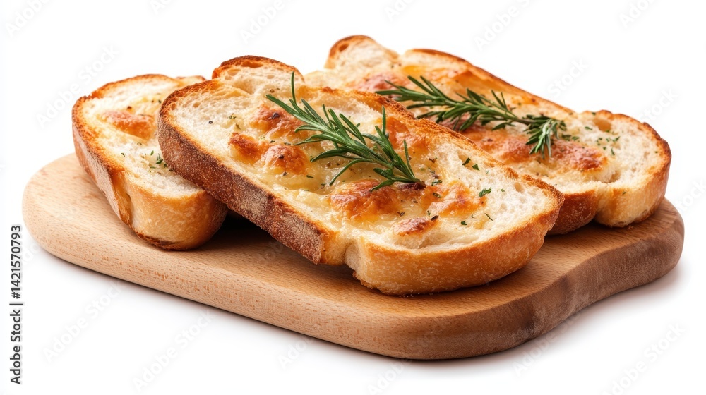 The image captures three toasted bread slices adorned with rosemary, elegantly placed on a wooden plate, highlighting a touch of gourmet culinary delight in every bite. The image captures three toasted bread slices adorned with rosemary, elegantly placed on a wooden plate, highlighting a touch of gourmet culinary delight in every bite.