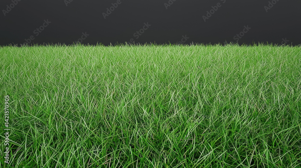 Obraz premium A lush field of vibrant green grass extends towards a dark background, creating a simple and natural scene ideal for use as a foreground or background element.