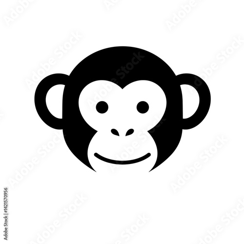 Black silhouette vector icon of a monkey head with rounded ears and cheerful facial features in flat minimal style