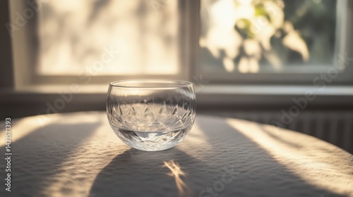 A crystal bowl glistens in warm sunlight, casting soft shadows on a white table with a window view.