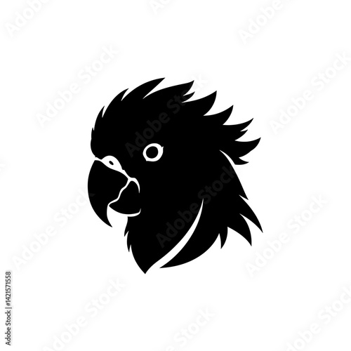 Minimal parrot head icon with curved beak and decorative crest in solid black silhouette vector