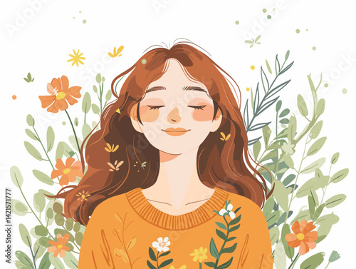 Beautiful young woman face with flowers and leaves. Vector illustration.