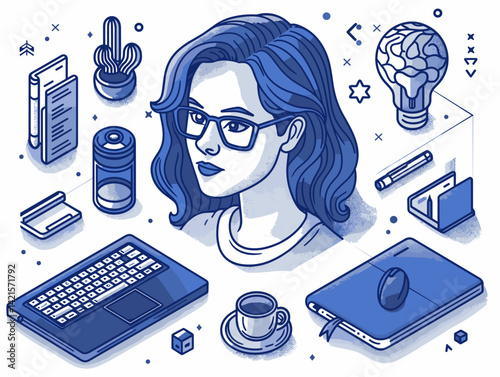 Vector isometric illustration of a girl with glasses and a laptop.