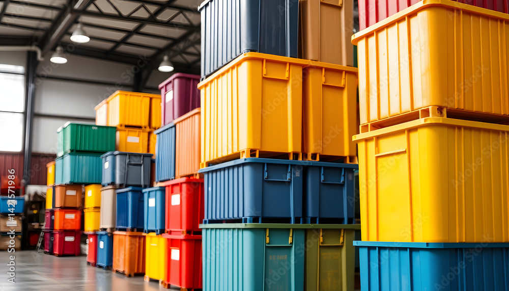 Fototapeta premium Colourful Plastic container box Stack Storage Warehouse Logistic business, studio lighting. White tone