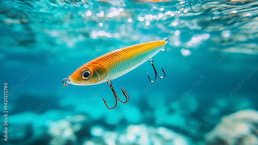 Naklejka premium Underwater fishing lure, ocean backdrop, angling