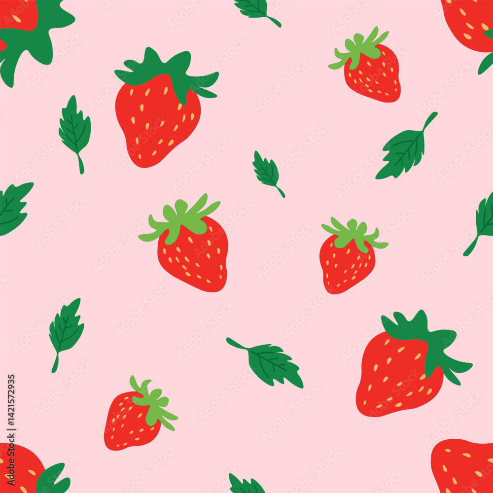 A delightful seamless pattern featuring vibrant red strawberries with green leaves scattered across a soft pink background. The strawberries are illustrated in a playful, cartoon like style, creating A delightful seamless pattern featuring vibrant red strawberries with green leaves scattered across a soft pink background. The strawberries are illustrated in a playful, cartoon like style, creating