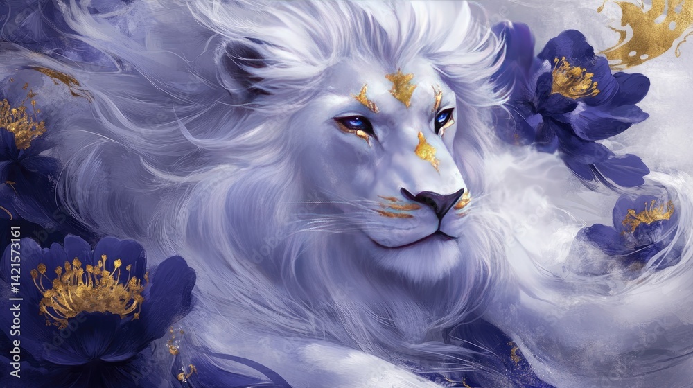 Majestic white lion with flowing mane, surrounded by dark blue flowers and gold accents