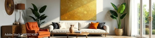 Modern eclectic room, gold artwork, glassy spheres, tropical accents, wiped paint effect , home, room, paint