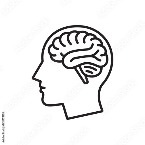 Black Human Head Profile Icon with a Detailed Brain Illustration Representing Neuroscience, Psychology, and Mental Processes for Education,  Editable Vector Illustration Isolated on a White Background