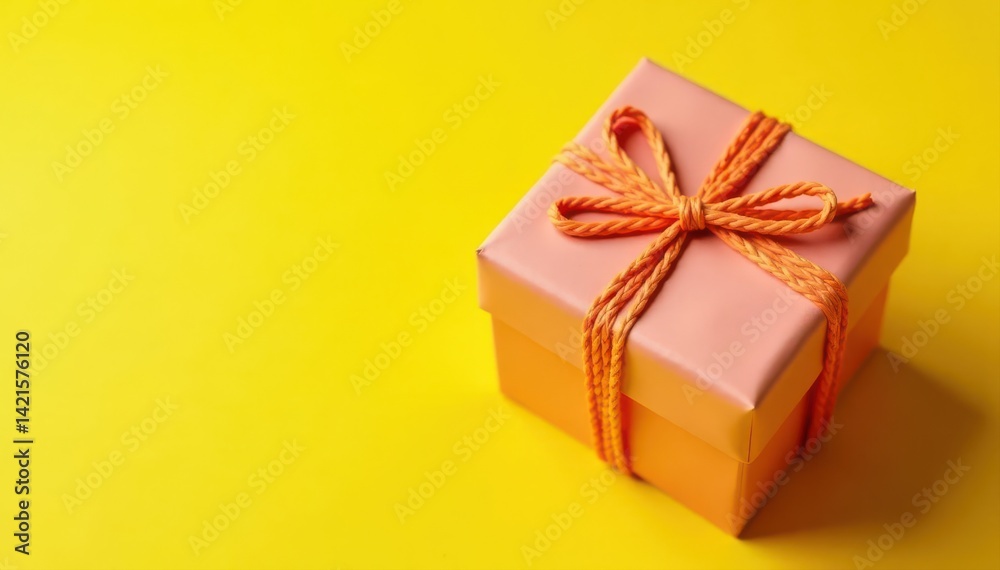 Obraz premium Square gift, twine tied, yellow background, muted palette, beige, tones, muted