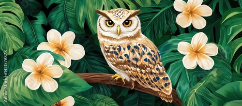 Tropical owl perched on branch amidst lush foliage and delicate blossoms