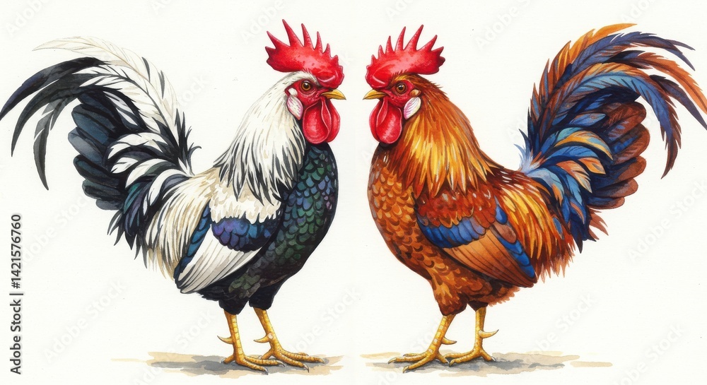 Fototapeta premium Beautifully detailed watercolor illustration of two majestic roosters facing each other, showcasing their vibrant plumage