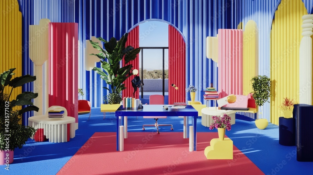 Vibrant, colorful room with modern furniture, plants, and arched windows