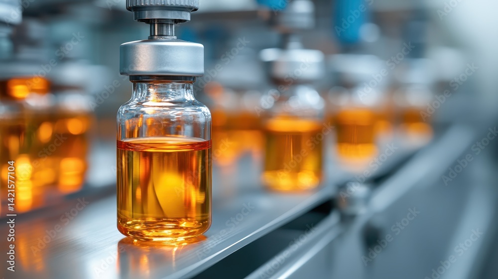 The image showcases a series of glass vials filled with vibrant orange liquid, highlighting the sterile process of manufacturing and packaging in a modern pharmaceutical facility. The image showcases a series of glass vials filled with vibrant orange liquid, highlighting the sterile process of manufacturing and packaging in a modern pharmaceutical facility.