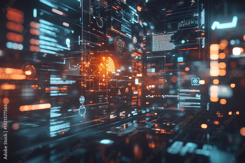 Fototapeta premium Futuristic digital data streams flow through a cyberspace landscape showing complex code and information