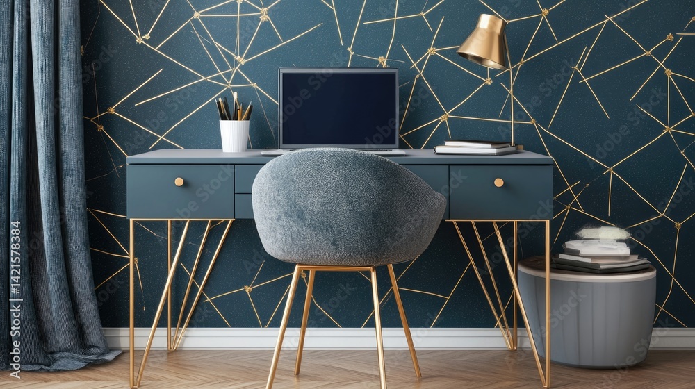 Stylish teal desk with gold accents, geometric wallpaper, and plush chair
