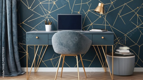 Obraz na płótnie Stylish teal desk with gold accents, geometric wallpaper, and plush chair w salonie