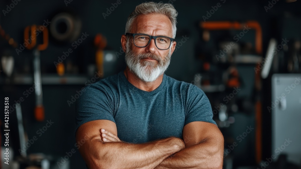A mature man with a distinguished gray beard is portrayed with a strong presence, standing confidently in a workshop filled with tools, symbolizing experience and expert craftsmanship. A mature man with a distinguished gray beard is portrayed with a strong presence, standing confidently in a workshop filled with tools, symbolizing experience and expert craftsmanship.