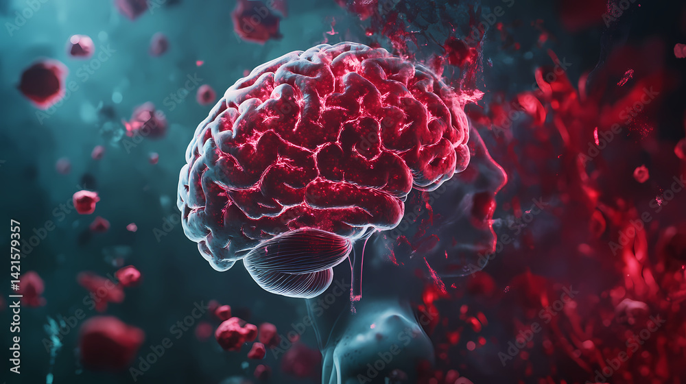 Concussion and brain swelling effects depicted in a 3d medical rendering, showcasing neurological consequences. Psyche Swell. Illustration Concussion and brain swelling effects depicted in a 3d medical rendering, showcasing neurological consequences. Psyche Swell. Illustration