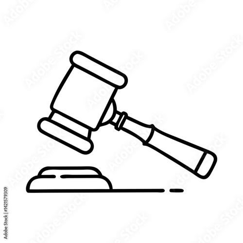 Legal gavel striking base in minimalist outline style  