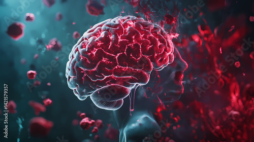 Concussion and brain swelling effects depicted in a 3d medical rendering, showcasing neurological consequences. Psyche Swell. Illustration