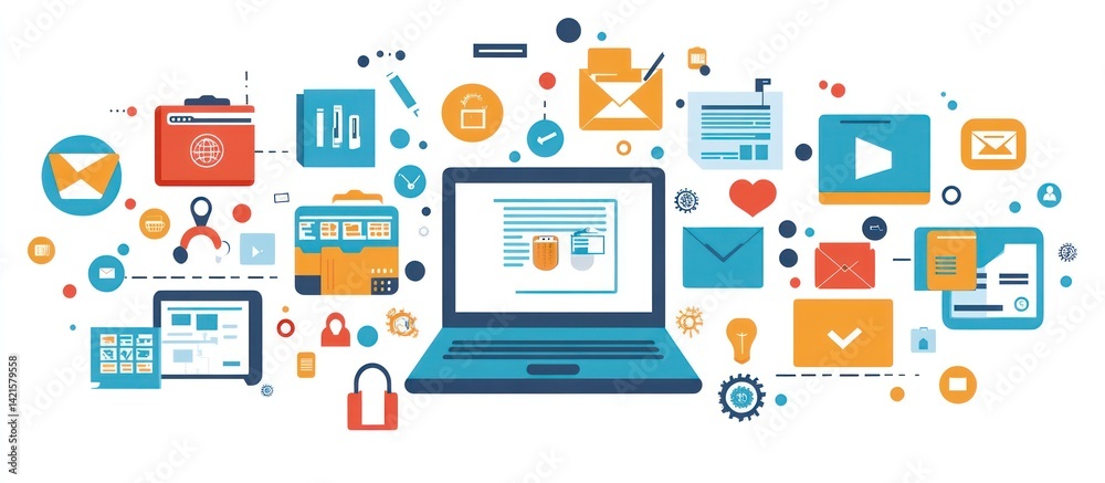 Modern Digital Communication and Networking with Laptop and Application Icons Modern Digital Communication and Networking with Laptop and Application Icons