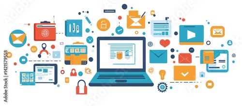 Modern Digital Communication and Networking with Laptop and Application Icons