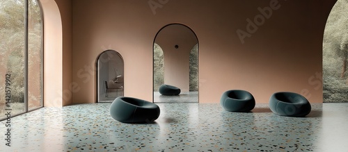 Modern lounge chairs in a minimalist room with terrazzo flooring and arched windows, reflecting nature